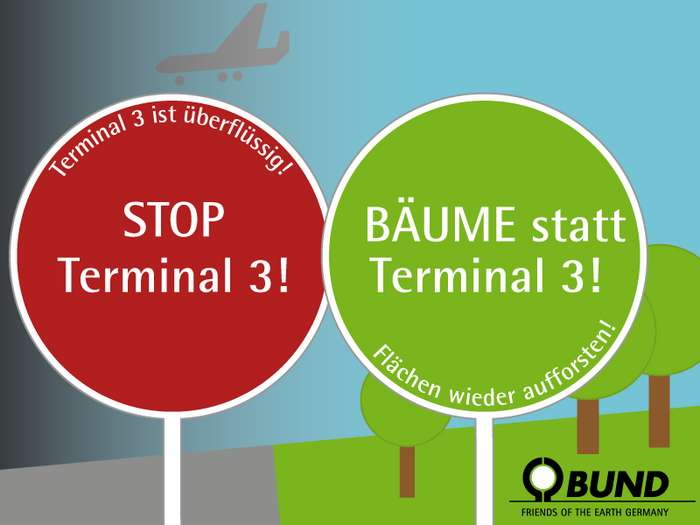 Terminal 3 ist überflüssig: Stoppt Terminal 3! Bäume statt Terminal 3! Flächen wieder aufforsten. (Grafik: Niko Martin)