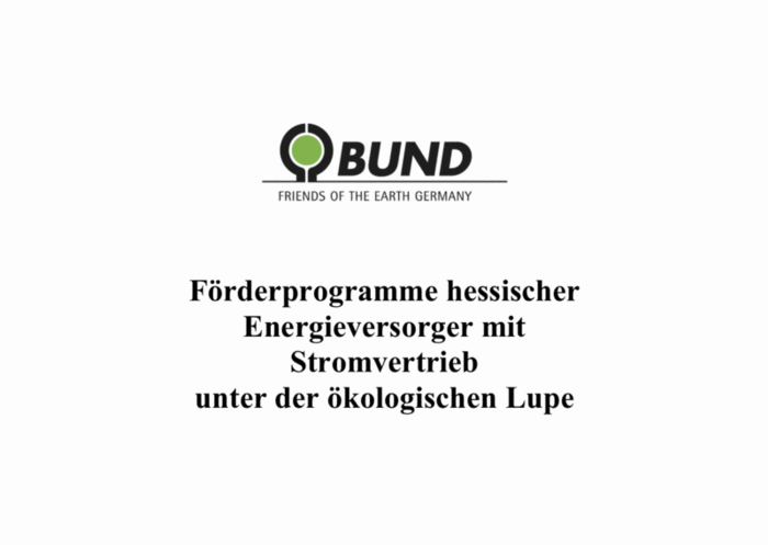 Titelblatt der Umfrage 2013 – Förderprogramme hessischer Energieversorger mit Stromvertrieb unter der ökologischen Lupe: Ergebnisse einer EVU-Befragung des AK Energie, BUND Hessen, Oktober 2013