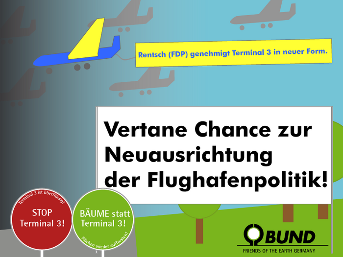 Gemehmigung von Terminal 3 durch Wirtschaftsminister Florian Rentsch (FDP) ist eine vertane Chance zur Neuausrichtung der Flughafenpolitik! (Grafik: Niko Martin)