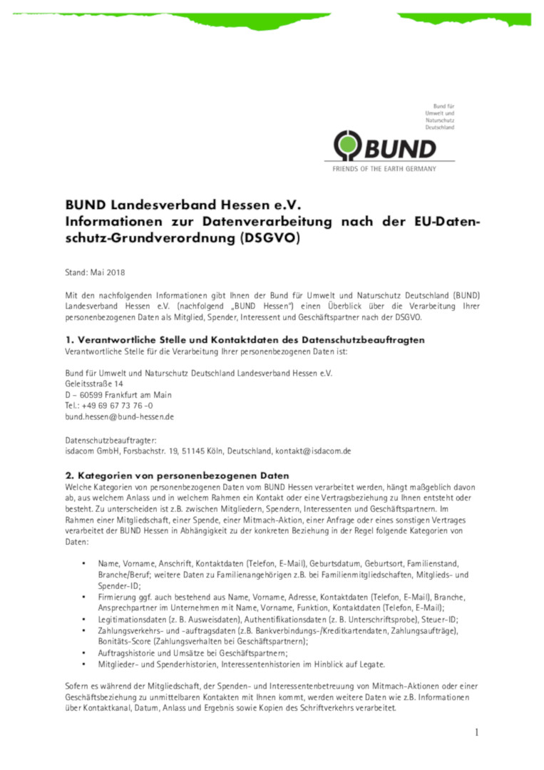 Informationen zur Datenverarbeitung nach der DSGVO – BUND Hessen (Coverbild)