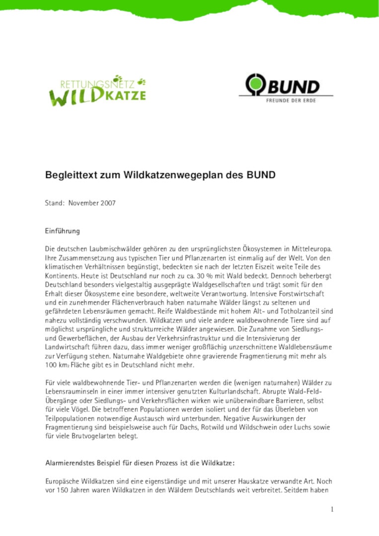 Beleittext zum Wildkatzenwegeplan Deutschland