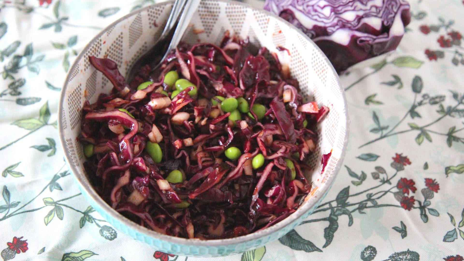 Rotkohl-Salat mit Zwiebeln und Edamame