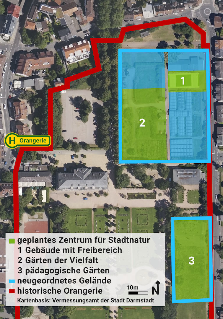 Luftbild Flächen und Funktionen Zentrum für Stadtnatur in der Darmstädter Orangerie