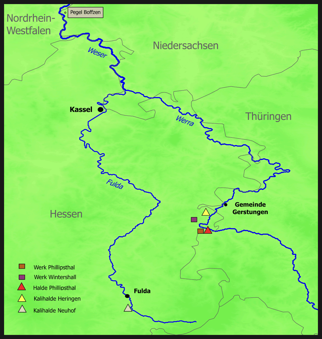 Kaliabbau durch K+S – Werke und Halden entlang bzw. in der Nähe der Flussläufe von Fulda und Werra, die sich zur Weser vereinigen (Grafik: BUND Hessen)